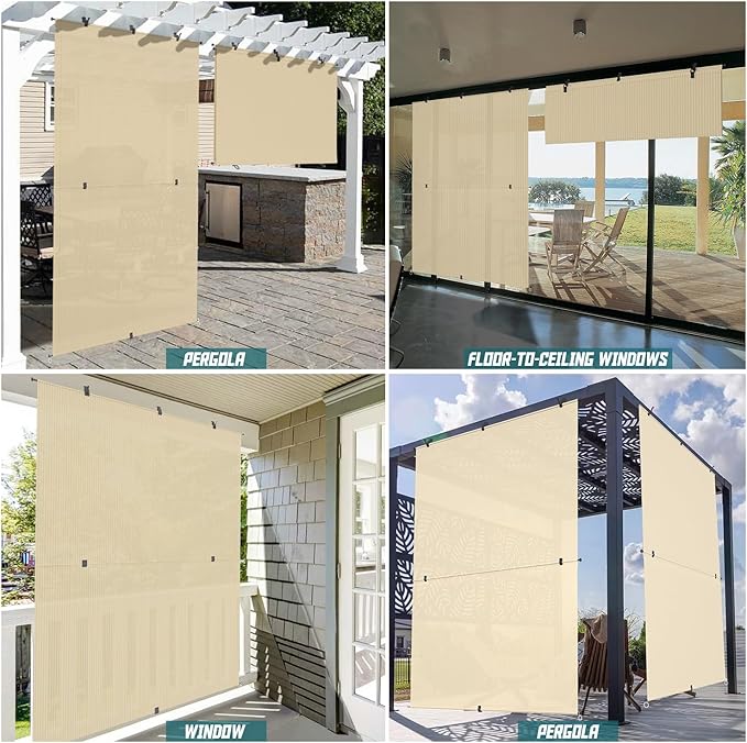 Bynbbur 8'W x 7.5'H Outdoor Patio Shades Foldable Roller Blinds, 220 GSM Sun Shade Roll Up Porch Screens Exterior Shade Cloth for Deck Pergola Backyard, Beige