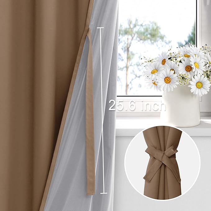 XWZO Full Shading Blackout Curtains 54 Inches Length - Heat and Light Blocking Ring Top Window Drapes with Black Liner Backing for Bedroom Sewn with Tiebacks, Cappuccino, W52 x L54, Set of 2 Panels
