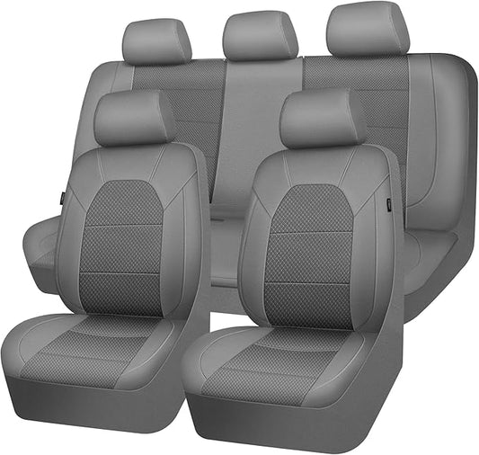 CAR PASS Leather Car Seat Covers Breathable Seat Cover Full Sets Airbag Compatible for Most Cars, SUVs, Trucks, and Vans (Full Set, Gray)