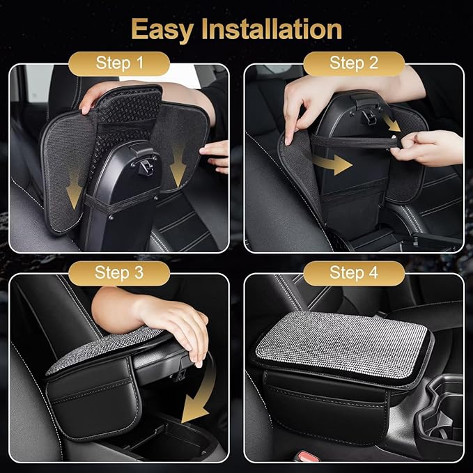 Bling Center Console Cover Fit for Toyota RAV4 with 2 Storage Bags Fully Diamond-Studded Style Center Console Armrest Cover with Total Protection(Silver Diamond)