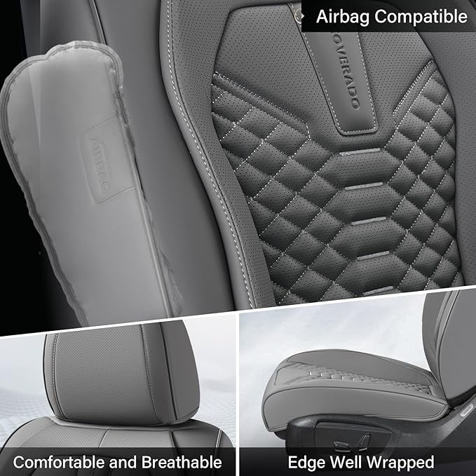 Coverado Car Seat Covers Full Set, Nappa Leather Seat Covers for Cars, 5 Seats Universal Waterproof Seat Covers, Front and Back Car Seat Protector, Automotive Seat Covers Fit for Most Cars, Gray