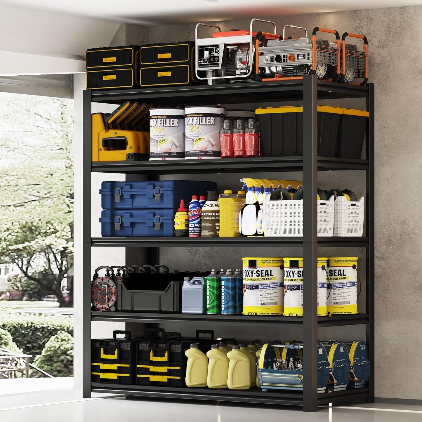 48.2" W Garage Shelving 3000LBS Storage Shelves Heavy Duty Garage Storage Shelves Adjustable 5 Tier Metal Shelves for Storage Industrial Heavy Duty Shelving Utility Shelf 24.2"Dx48.2"Wx 72.2"H