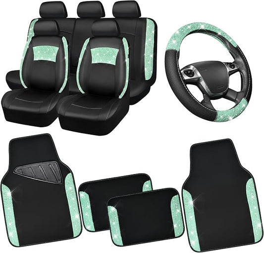 CAR PASS Universal Mint Leather Lace Car Seat Covers Full Set for Women Girls, Waterproof Car Floor Mats Carpet, Glitter Steering Wheel Cover for Car Accessories Interior Sets,10PCS Included