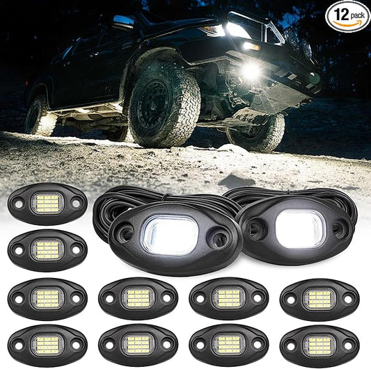 Rock Lights with 15FT Wire Extender, Aluminum Case, 24Chip High Power 6000k Pure White, Waterproof IP68 Underglow Lights for Trucks Jeep UTV ATV(12 PCS)