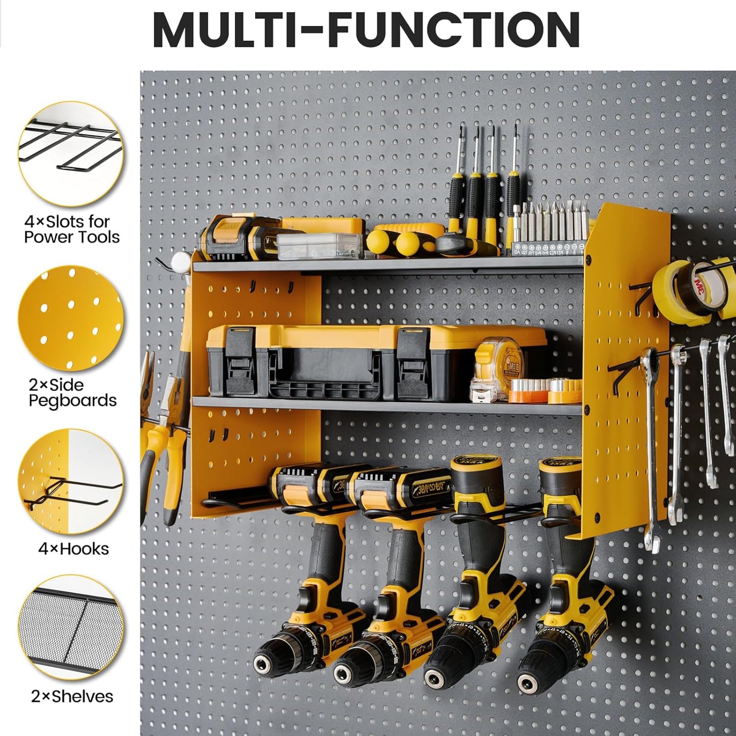 TRZZ Power Tool Organizer Wall Mount, 3-Layer Drill Holder with 2 Side Pegboards, Cordless Drill Rack with 4 Hooks, Efficient Storage for Workshop, Garage, and Tool Room (Yellow)