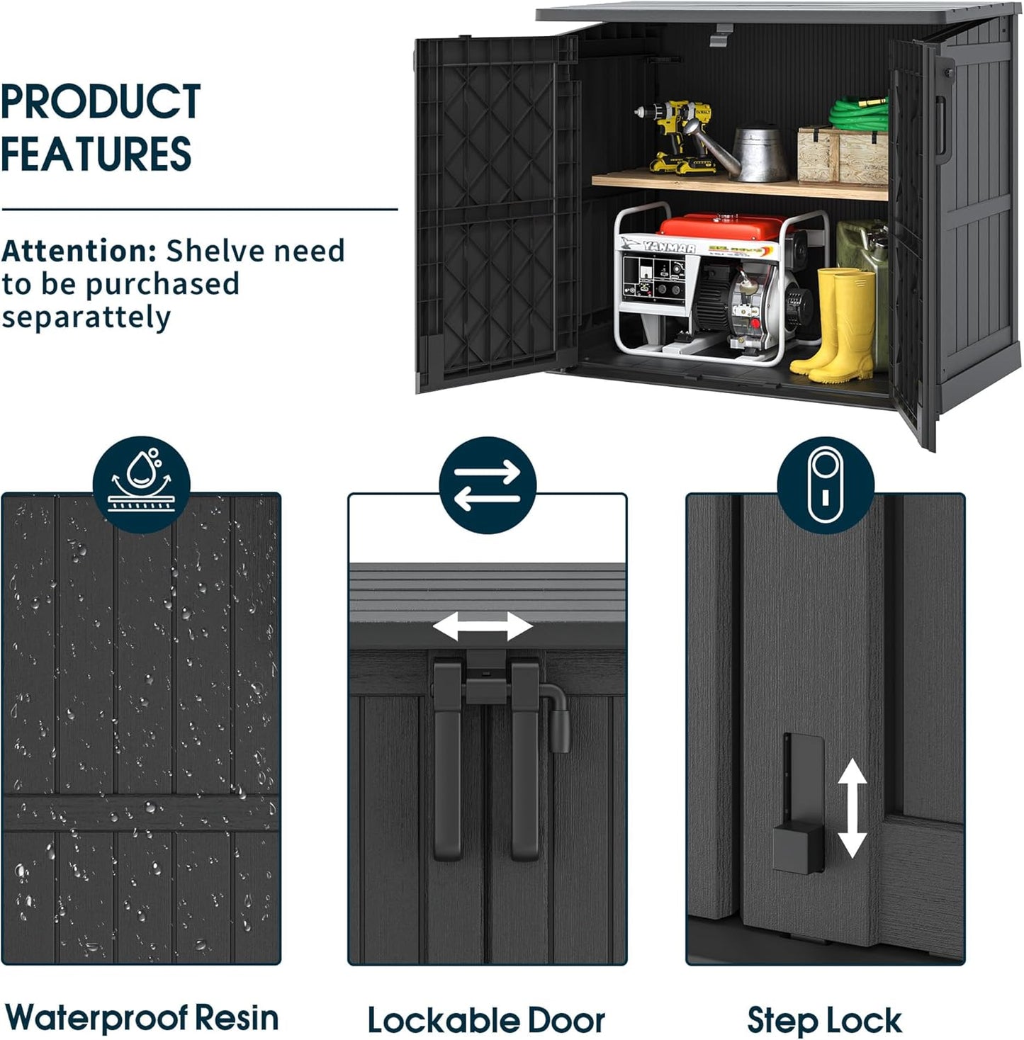 Outdoor Storage Shed 36 Cu. Ft. Resin Garden Horizontal Storage Large Capacity Weather Resistant Storage Box, Lockable Resin Waterproof Shed for Garbage Cans, Garden Tools