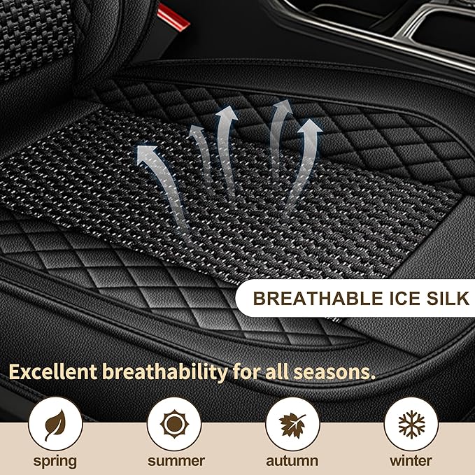 TTX LIGHTING for Dodge Challenger 2008-2025 Car Seat Covers, Breathable Ice Silk & Leather Seat Protector, Cool & Anti-Sweat for Long Driving, Airbag Compatible, 2 Front Seats (Black)
