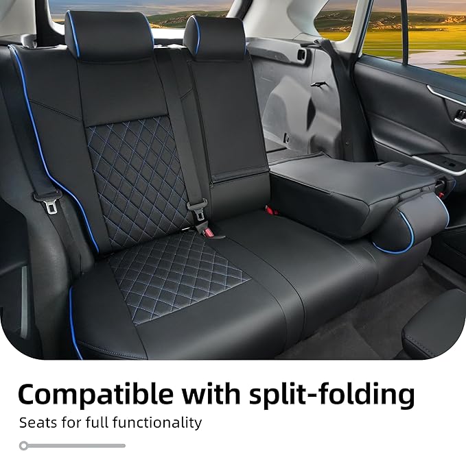 Lolcar Rav4 Seat Covers Custom Fit for Toyota Rav4 (for Hybrid) 2019-2025 LE,XLE,XLE Premium,Limited,Woodland Edition, Leather Truck Seat Cover Full Set for SUV,Faux Leather（Black with Blue Trim）