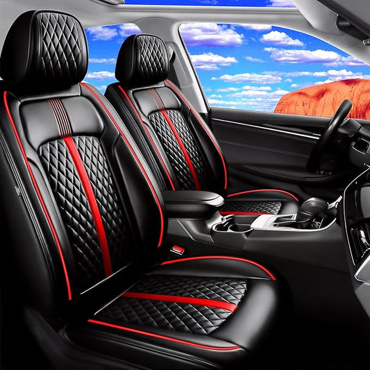 Fit RAV4 Car Seat Covers for Select Toyota RAV 4 2013-2025 2026 /RAV4 Hybrid - Premium Full Coverage Leather, Airbag Compatible, Waterproof & All Weather Seat Protector, Full Set, Red Trim