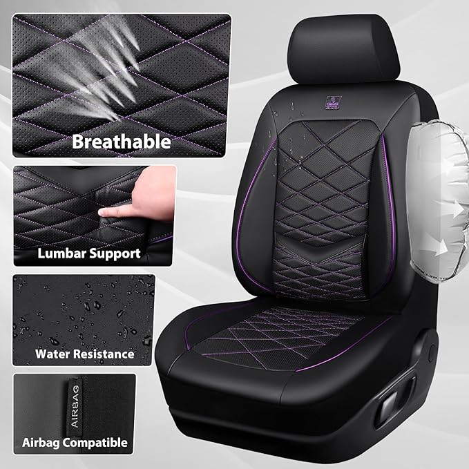 CAR PASS Luxury Nappa Leather Front Seat Covers, Water Resistant 3D Foam Seat Covers with Lumbar Support, Breathable Auto Seat Cover Airbag Compatible Universal Fit Sedan SUV Van Truck, Black Purple
