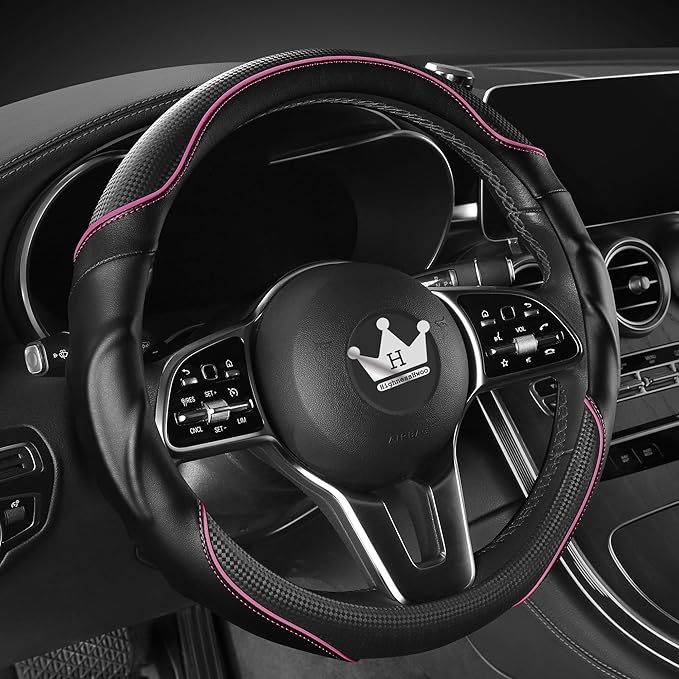 3D Car Steering Wheel Cover Comfort Grip Massage Sporty Anti-Slip Carbon Fiber Faux Leather for Sedan SUV, Universal Fit, Car Handle Covers for All Seasons, 14.75-15.15in, Pink