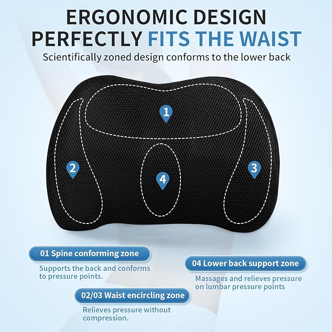 Lumbar Support Pillow for Car, Memory Foam Back Support Lumbar Pillow for Car, Gaming, Office Chair, Ergonomic for Lower Back Pain Relief, Softness Breathable Removable Mesh Cover, Black