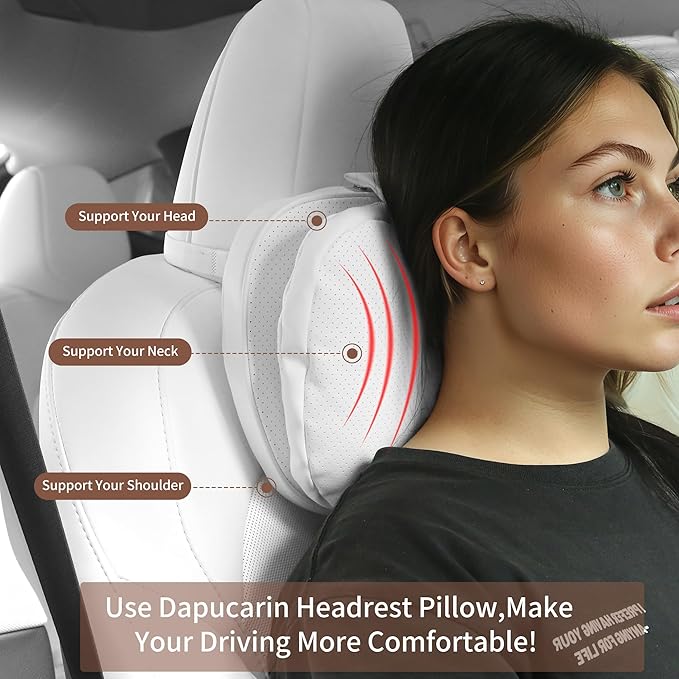 Car Headrest Pillow for Driving, Dual-Sided Leather Design Neck Pillow, Breathable Softness Neck Support, Universal Fit Head Rest Travel Pillow, White, 1 Pack