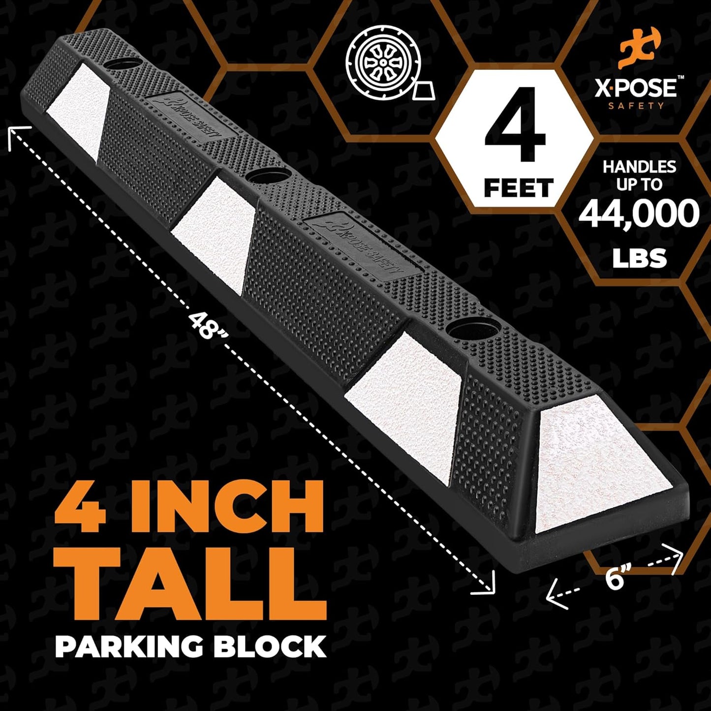 Xpose Safety 48" Heavy Duty Rubber Parking Stopper – Bulk Half Pallet 24 Pack Wheel Blocks for Garage, Driveway, or Ramp – Car Bumper Stop with White Reflective Strips – Removable Floor Mount