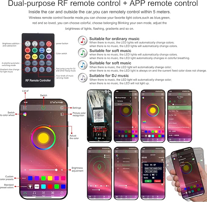 8 m Optic Fiber Car Ambient Lighting Kit Bluetooth App Control + RF Remote Control 64 Colors Multicoloured Music Interior Footwell Lighting Kit 12V 1W