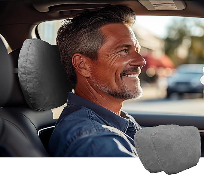 2pcs Car Neck Pillow for headrests,Support Drive Seats Head Cushion Pillows,Superfiber Suede,Plant-Based Polyester,Thickness & Height Adjustable,11.8x7.5,Inner Liner fillable(Grey)