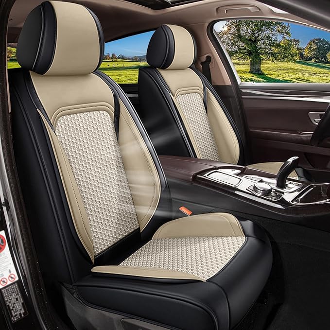 Car Seat Covers Front Seats for Mazda CX5 CX 5 2013-2025 2026, Breathable Cooling Ice Silk Leather Car Seat Covers, 2 Seats for Mazda CX-5 Accessories (Black&Beige)