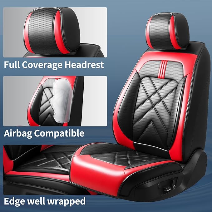 Car Seat Covers Compatible with Mazda 6 2007-2021, Full Coverage Premium Leather Waterproof Breathable Seat Covers, Automotive Seat Protectors, Airbag Compatible(2 Front Seats, Black & Red)