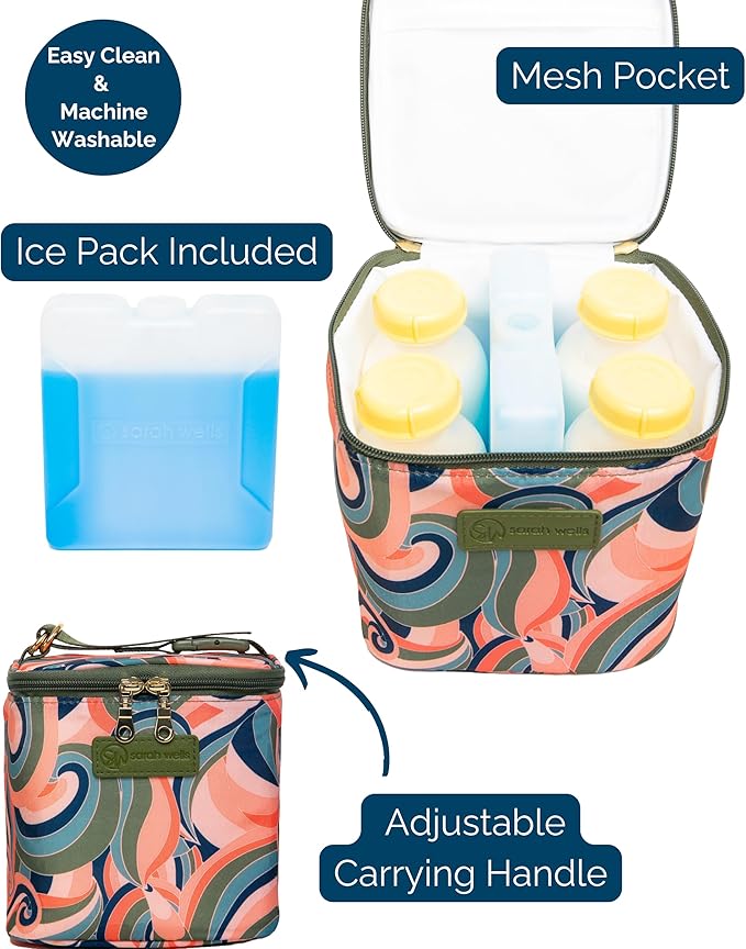 Sarah Wells Cold Gold Breastmilk Cooler Bag with Safety Tested Ice Pack – Insulated Milk Storage for Work, Travel & Daycare – Fits Bottles & Pump Parts – Durable, Washable (Groovy)