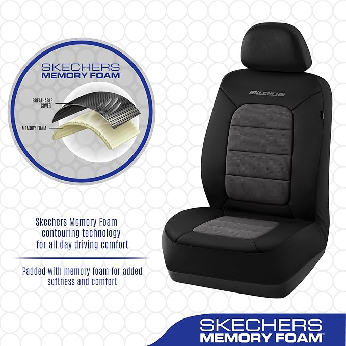 Skechers Memory Foam Seat Covers,Thick Cool Touch Fabric Seat Covers,Front Seat Covers Airbag Compatible,Automotive Comfort Protection for Most Cars,Vans,Trucks,SUV,Floor Grey