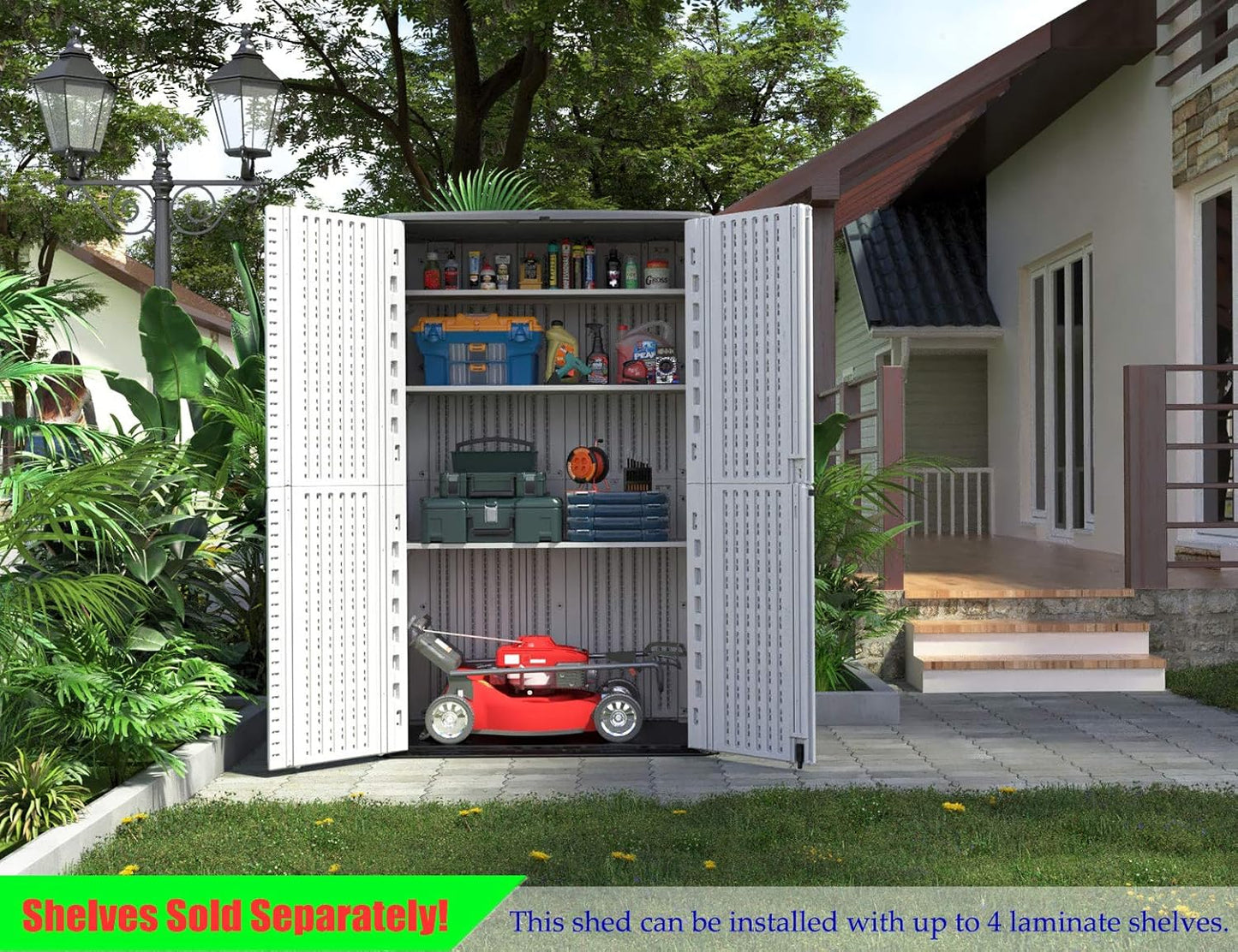 ADDOK Outdoor Storage Cabinet Waterproof,Outdoor Storage Sheds with Floor, Double-Layer Storage Shed for Patios/Generator/Long-Handled Tools (ivory/52 Cu.Ft)