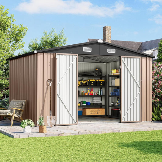 10x8 FT Outdoor Storage Shed with Lockable Double Doors & Loping Roof, Outdoor Metal Shed for Bike, Tool, Generator Storage in Backyard, Patio (10’x8’)