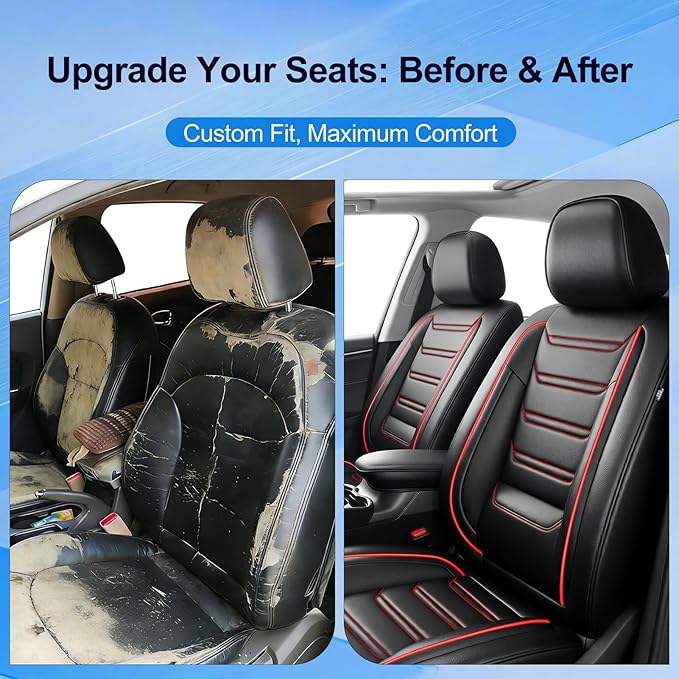 Fit CRV Car Seat Covers (Front Pair) for Select Honda CRV CR-V 2011-2026 - Premium Full Coverage Leather, Airbag Compatible, Waterproof & All Weather Seat Cushion Protector, Red Trim