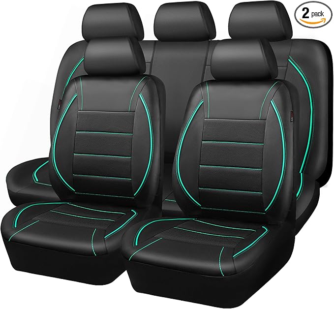 CAR PASS Universal FIT Piping Leather Car Seat Cover, for suvs,Van,Trucks,Airbag Compatible,Inside Zipper Design and Reserved Opening Holes (Full Set, Black and Mint)