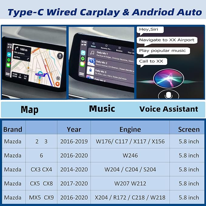 Dasbecan TK78-66-9U0C Type-C Mazda Apple Carplay Android Auto Retrofit Kit Compatible with Mazda 2 3 6 CX3 CX5 CX9 MX5 2014-2020 Adapter Interface Port 00008FZ34 MZD Connect System Upgraded P2.1