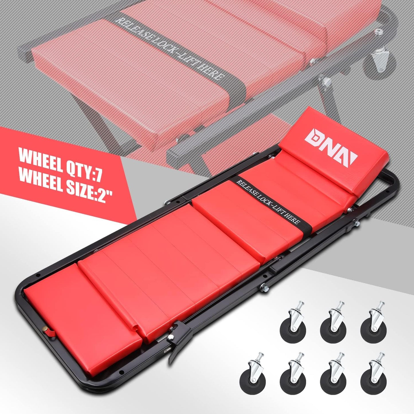 DNA Motoring TOOLS-00192 48" 2 IN 1 Folding Rolling Garage Shop Creeper Roller Seat, 7 Pcs 2" Casters, 350 Lbs Weight Capacity, Red
