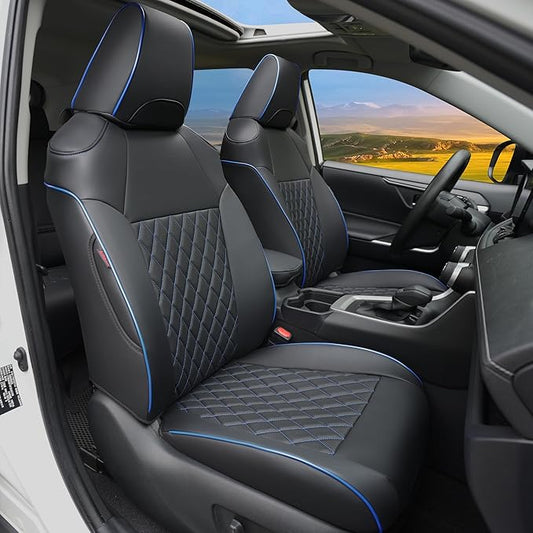 Lolcar Rav4 Seat Covers Custom Fit for Toyota Rav4 (for Hybrid) 2019-2025 LE,XLE,XLE Premium,Limited,Woodland Edition, Leather Truck Seat Cover Full Set for SUV,Faux Leather（Black with Blue Trim）