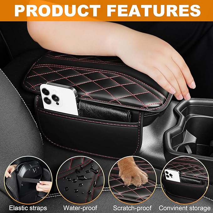 Car Center Console Cover Fit for Jeep Grand Cherokee L - Leather Armrest Covers with 2 Storage Pockets(Black&Red)