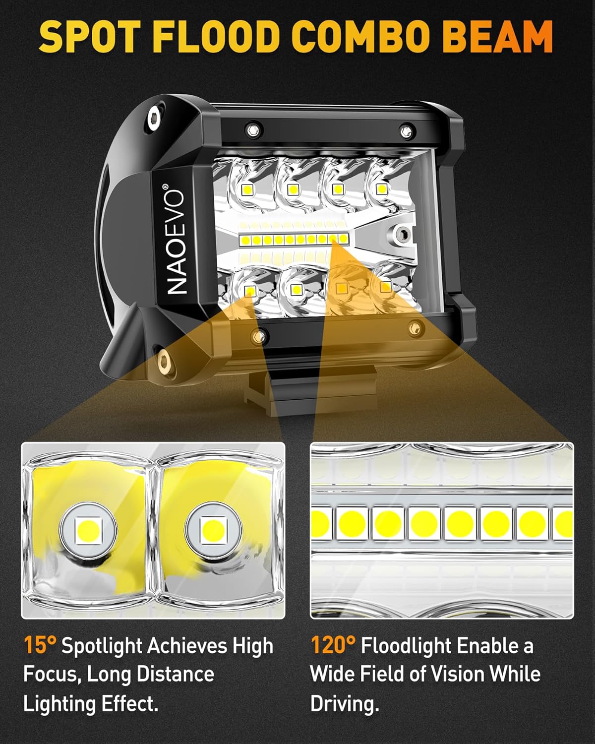 NAOEVO 4 Inch LED Pod Lights, 240W 24,000LM LED Fog/Driving/Off Road Lights with Spot Flood Combo, Cube Pods for Truck Boat ATV UTV Pickup, 4 Pcs (White)