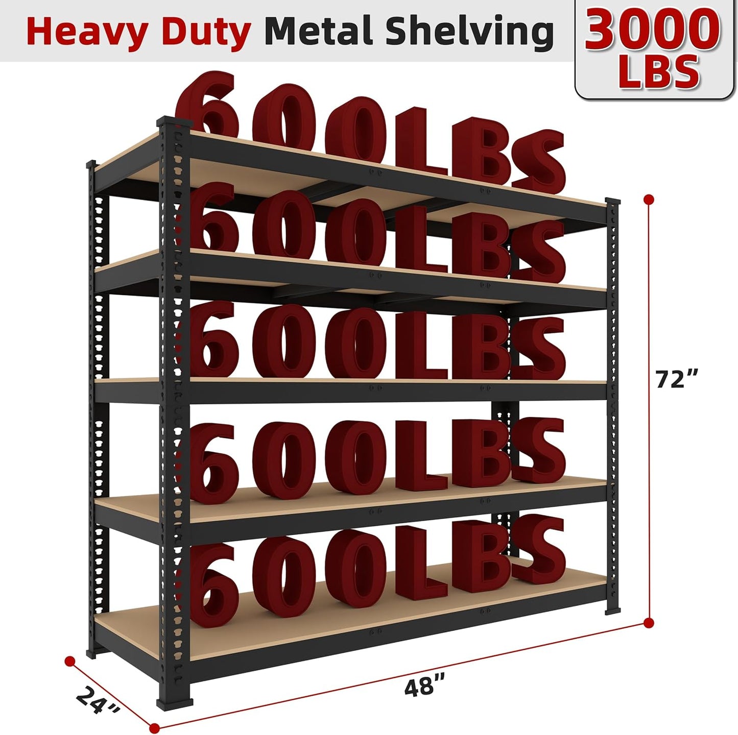 4 Packs 48" W x 24" D x 72" H Adjustable Garage Storage Shelves - 5-Shelf Heavy Duty Shelving Unit, Metal Utility Storage Organizer Racks for Warehouse Pantry Closet Kitchen, Black