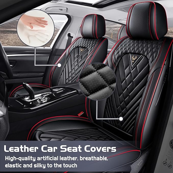 Truck Seat Covers for GMC Sierra 2500 2007-2026, Waterproof Premium Leather Full Coverage Car Seat Cover, Muscle Sport Style Auto Interior Seat Cover Sets (Front Set/Black Red)