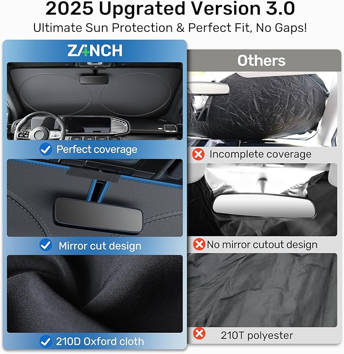 2025 Upgraded Zanch Car Front Windshield Sun Shade - Ultimate UV Protection & Heat Reduction|Innovative No Light Leakage Technology|Foldable Design for Truck, XLarge(69'' x 35'')