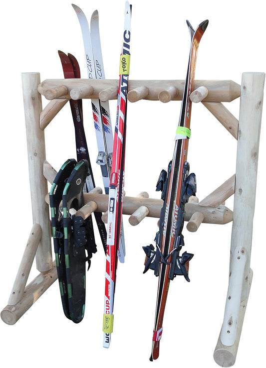 11-Place Freestanding Log Ski Rack Holder, Indoor & Outdoor Snowboard Racks, Standing Storage, Garage Racks for Snow Skis, Durable Snowboard Rack Garage Storage Organizer - Unfinished