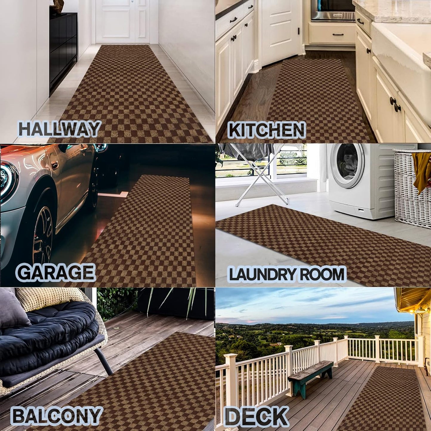 Custom Size Backed Non-Slip Area Rugs Runner, Easy Clean, Waterproof Runner Rugs for Hallway Entryway, Kitchen, Laundry, 2FT x 66FT, Brown Checkered