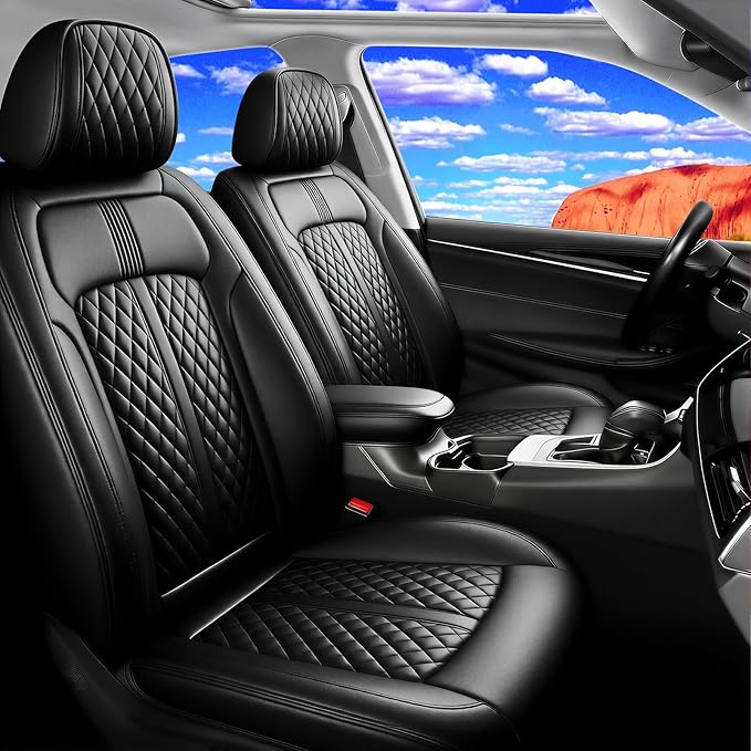 Fit Ridgeline Car Seat Covers (Front Pair) for Select Honda Ridgeline 2007-2026 - Premium Full Coverage Leather, Airbag Compatible, Waterproof & All Weather Seat Cushion Protector, Black