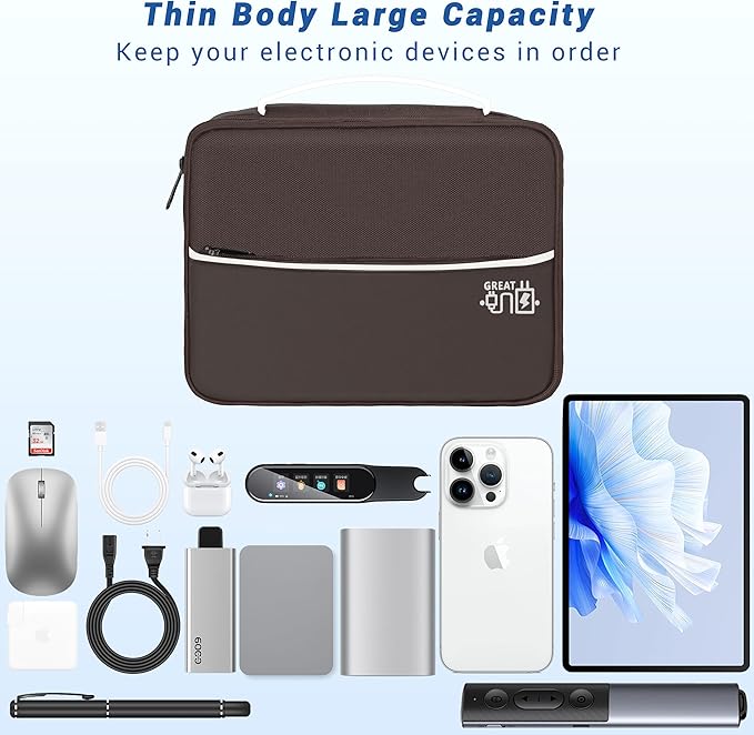 Electronics Organizer,Travel Cord Organizer Pouch, Portable Cable Organizer Bags, Waterproof Electronic Accessories Storage Case for Cables, Cords, Charger, Phone (Three Layer-Brown)