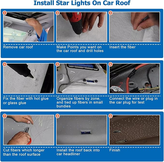 AZIMOM 16W Twinkle & Sound Activate 300pcs*0.03in*9.8ft Fiber Optic Starlight Headliner Kits for Car Home Star Ceiling Sky Decoration, APP& Remote Control Light Engine End Glow Fiber Strands