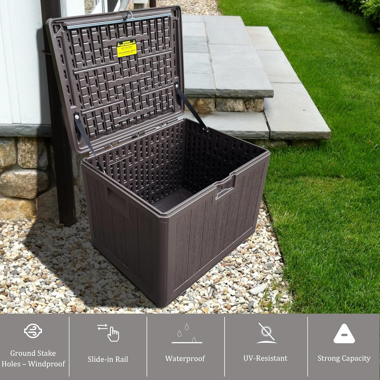 Premium Pro Edition 35 Gallon Lockable Resin Deck Box, Waterproof & UV-Resistant Outdoor Storage Box for Outdoor Storage, Garden Tools & Pool Accessories Storage, Brown