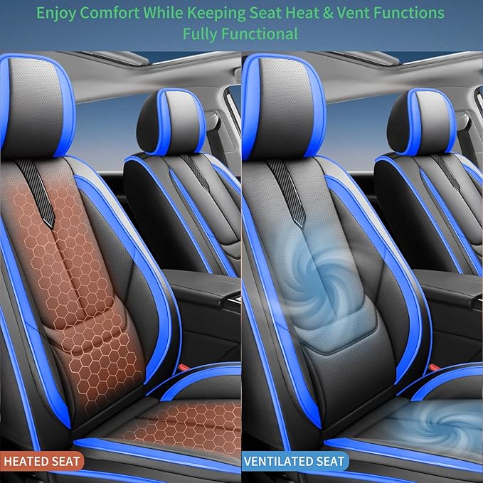Fit Equus Car Seat Covers for Hyundai Equus 2011-2014 2015 -Upgraded Premium Waterproof & Breathable Leather,Airbag Compatible,All-Weather Seat Cushion Protector,2 Front/Black-Blue