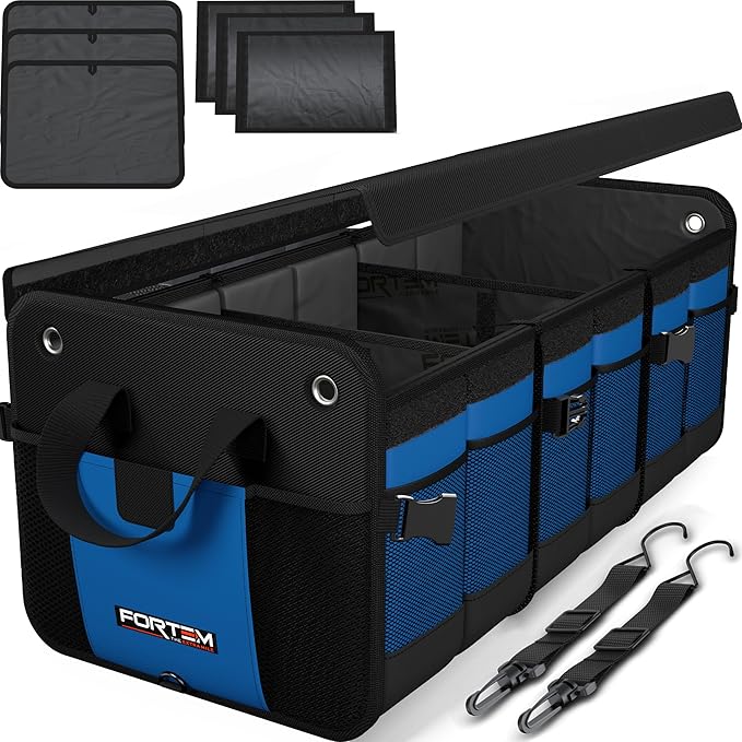 FORTEM Trunk Organizer For SUV Car Organizer and Storage, Multi-Compartment Storage Bag Car Accessories for Women Men, Perfect Christmas Gifts, 1680D Oxford, Non Slip Bottom, Straps, Soft Cover (90L)
