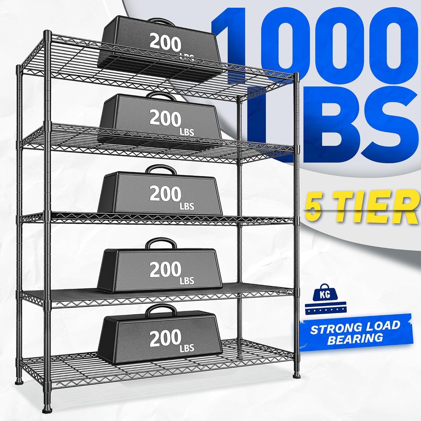 45 "W Storage Shelves 5 Tier Wire Shelving Unit Adjustable Metal Shelving Wire Shelf Pantry Shelves Wire Commercial Rack for Closet Kitchen Pantry Utility Room Garage 45" Wx 13.5" Dx70.5 H Black