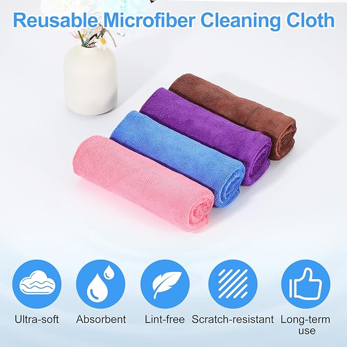 HARFINGTON 6 Pack Microfiber Cleaning Cloth, 8" x 8" Multi-Functional Cleaning Towels Reusable Absorbent Rags with Hook for Car Wash Kitchen Household Window Clean, Purple