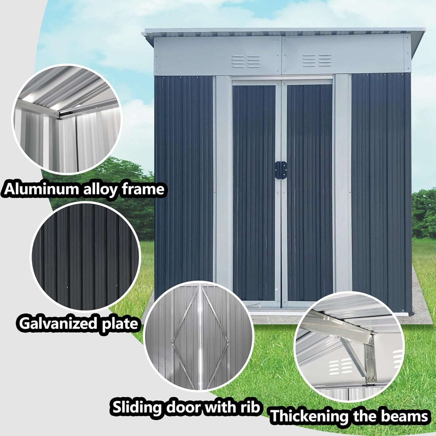 5x3 FT Outdoor Storage Shed with Sloping Roof, Waterproof Metal Garden Sheds w/Lockable Sliding Doors and Vents, Weather Resistant Tool Storage House for Backyard, Patio, Lawn, Grey
