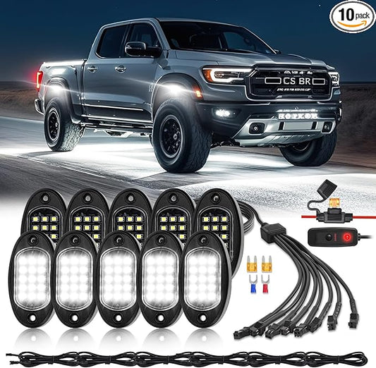 10 Pods Pure White LED Rock Lights with Power Swith Wiring Harness, 6000K Super Bright Waterproof Under Trailer Lighting White Underglow Kit for Trucks Trailer Offroad Pickup SXS ATV UTV