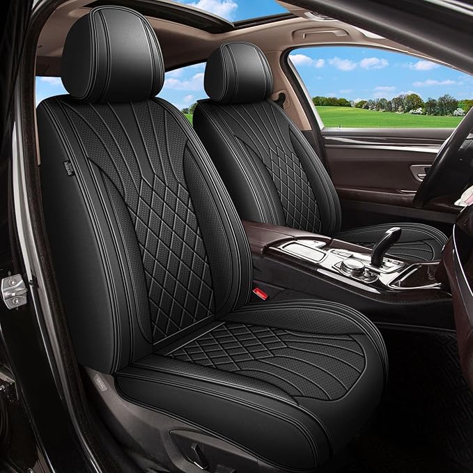 Car Seat Covers Front Pair for Toyota RAV4 2007-2025 2026 RAV4 Hybrid RAV-4: Breathable Perforated Premium Leather Seat Cover (Black)