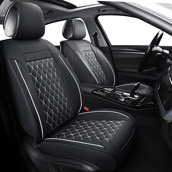 Car Seat Covers Full Set,Universal Fit for Most Cars,SUV,Sedans and Pick-up Trucks,Automotive Vehicle Faux Leather Cushion Covers for 5 Passenger Cars(Full Set,Black/White)